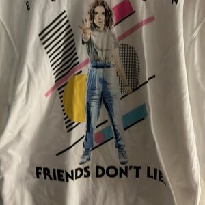 STRANGER THINGS ELEVEN LONG SLEEVE TEE WHITE LARGE “FRIENDS DONT LIE